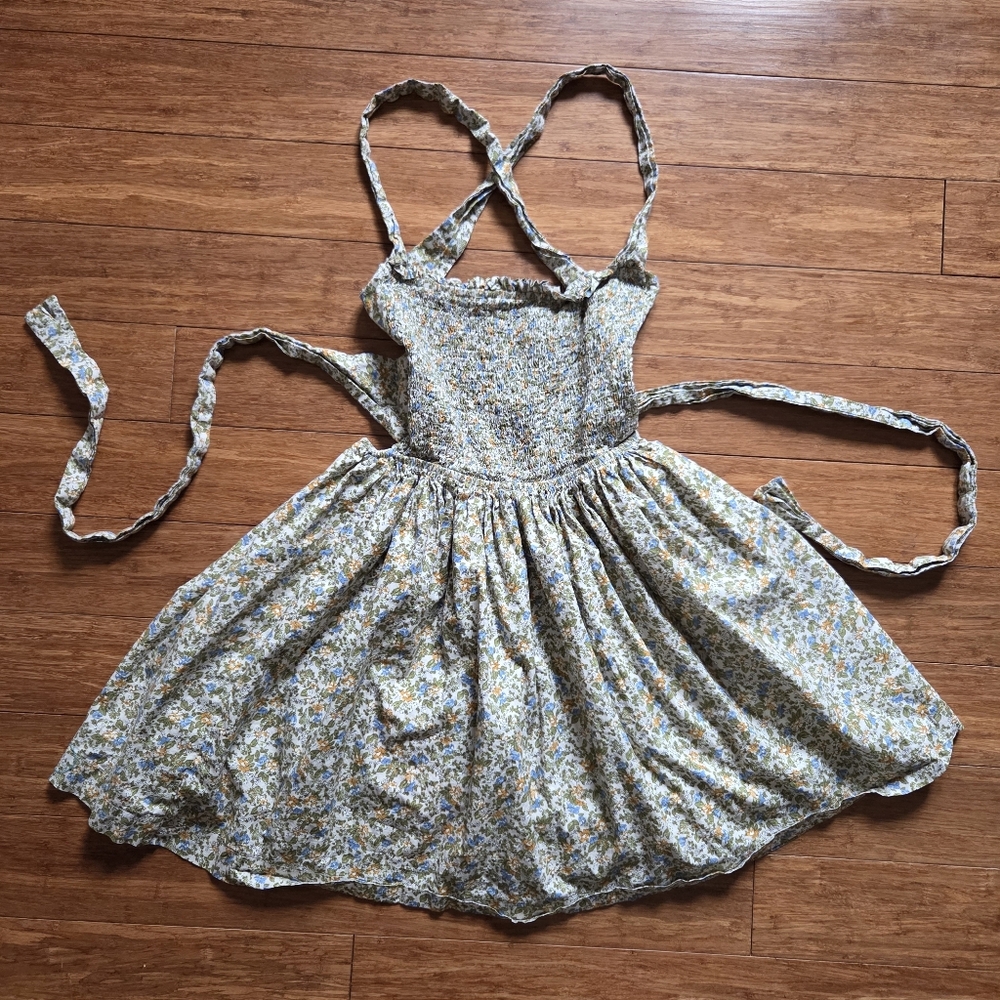 Mable Cotton Floral Smocked Mini Dress Cottagecore Tie Back Sundress Size S